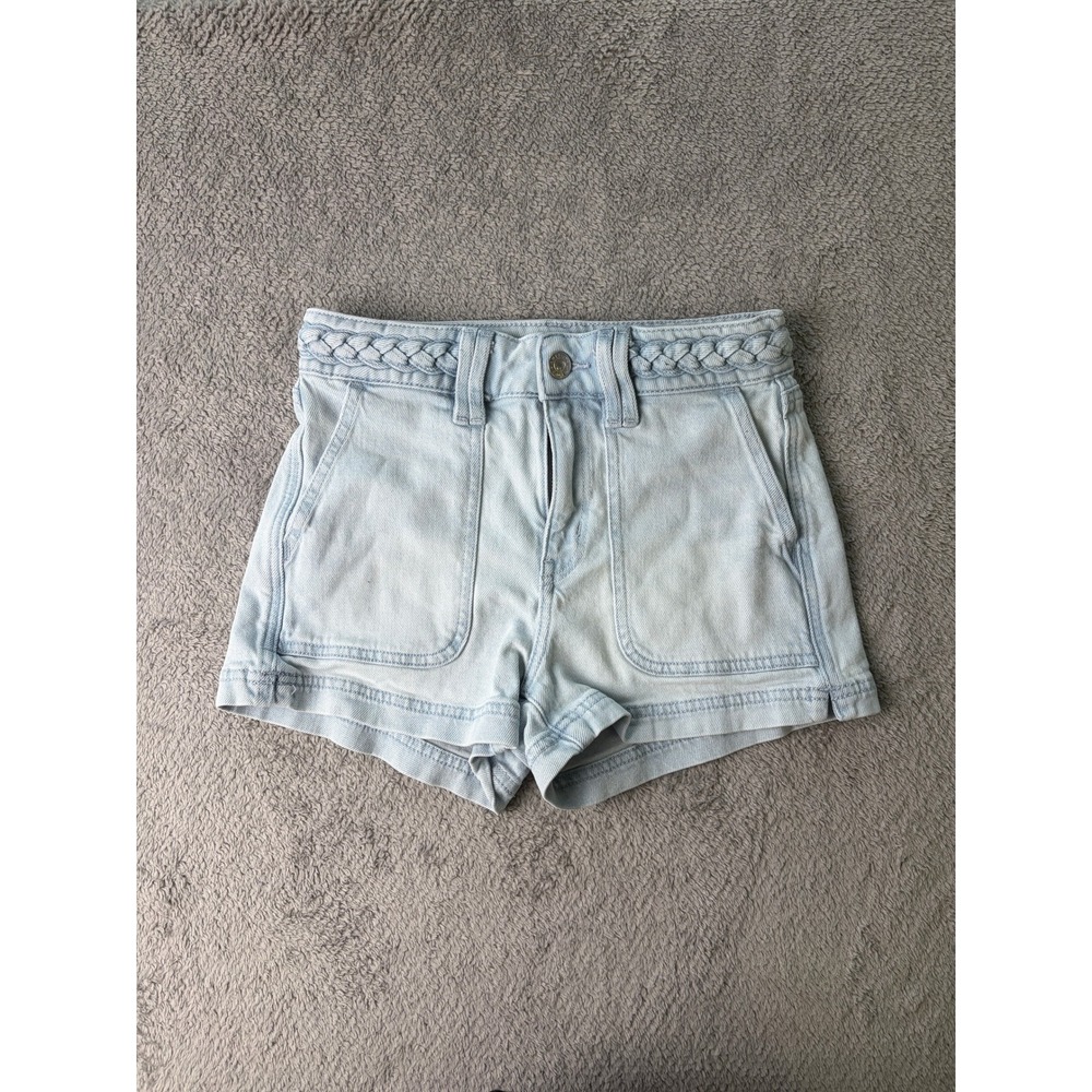 American Eagle Denim Shorts Womens 0 Light Wash Braided Waist Patch Pockets